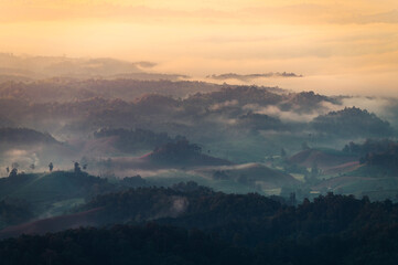 Beautiful sunrise mountain range in Tha Song Yang district located in Tak province, Thailand
