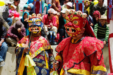 Tibetan dance Cham (tsam), Tibetan masks of gods and demons, Tibetan Buddhism, Tibet, Ladakh - obrazy, fototapety, plakaty