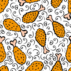 Seamless pattern with hand drawn fried chicken and decoration. Vector illustration.