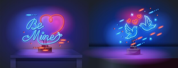 Happy Valentine's day. 3d neon sign on a stand. Realistic neon sign. Love day banner, logo, emblem and label. Bright signboard, light banner.