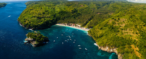 Crystal Bay Beach on Nusa Penida Island aerial panorama view.