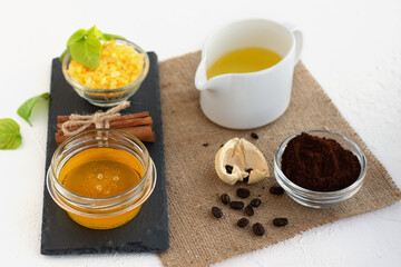  Organic cosmetics. Sea salt, honey, coffee, oil. Ingredients for homemade scrub. SPA therapy.