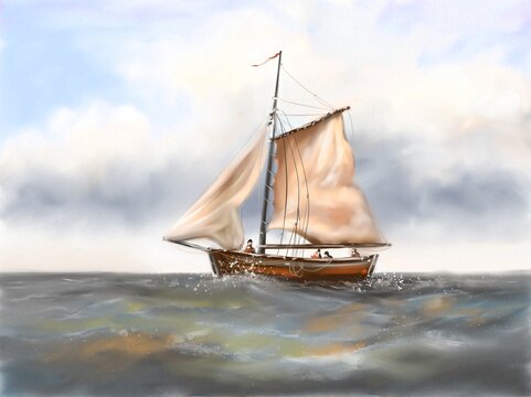 Watercolor paintings sea landscape, sailing ship. 