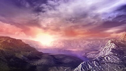 Landscape of mountains and lake at sunset.