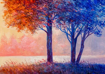 Zelfklevend Fotobehang Autumn on the river. landscape . Painting: canvas, oil. © serge-b