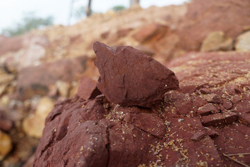 a piece of red shale sedimentary rock on nature background. 