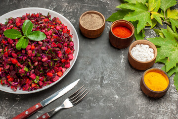front view tasty vinaigrette beet salad with seasonings on a dark background meal diet health