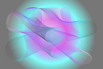 Abstract linear 3D figure in gradient space. Vector background. Ultra-thin geometry. Gray-turquoise-pink gradient fill.