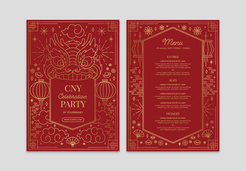 Chinese Lunar New Year Menu with Lion Dance Lantern and Cloud