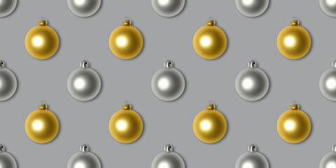 Seamless pattern with gold and silver Christmas decorations on a gray background. Color of the year 2021. Ultimate Grey and Illuminating background.