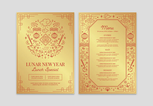 Chinese Lunar New Year Menu with Lucky Symbol and Decorative Elements