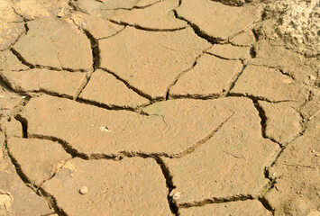 Dry lake or swamp in the process of drought and lack of rain or moisture, a global natural disaster. The cracked soil of the earth due to climate change. Hydrological drought, ccological catastrophy