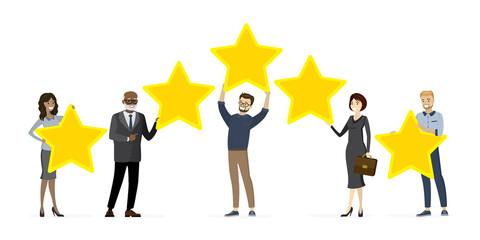 Customer reviews. Group of business people holds stars. Five stars rating, high quality. Online survey, voting. Feedback concept.