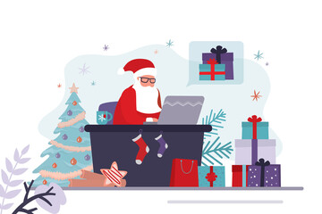 Santa Claus takes orders for gifts online. Father Christmas sits at workplace and works. Different gift boxes in santa's office