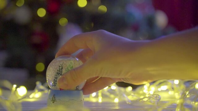 Christmas snow globe on the background of christmas tree