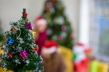 Caucasian woman celebrating holiday festival traditonal with Christmas tree and gift box with friend.