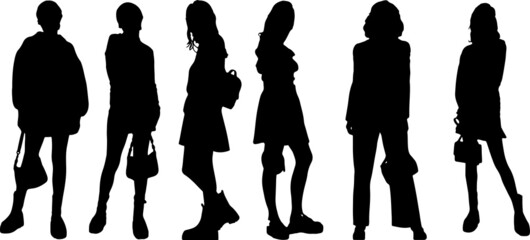 Vector silhouette of ladies with purse, front view perfect to include in your architecture projects, renders, sketches or plans.