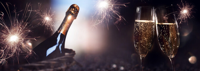 Celebrating with champagne and sparklers on dark abstract bokeh background with space for text.