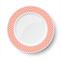 Empty classic white vector plate with orange pattern isolated on white background. View from above. - 400236759