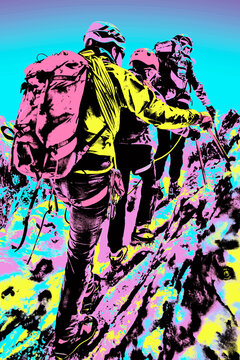 Climbers walking on snowy path at the Aiguille du Midi, near Chamonix. A famous ski resort in the French Alps. Blacklight Poster filter.