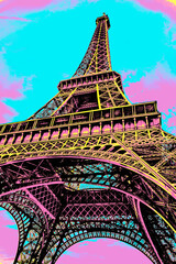 Bottom view of Eiffel Tower made of iron in Art Nouveau style at Paris. The French capital known as the City of Light. Blacklight Poster filter.