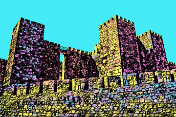 Towers and stone walls facade with merlons at the Castle of Trujillo. A cute small medieval town in western Spain. Blacklight Poster filter.