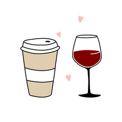 Mug of coffee and glass of wine. Vector flat illustration isolated on a white background. Good for posters, textiles, t shirts.