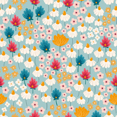 Seamless pattern with hand drawn flowers, florals,pumpkins, abstract elements. Repeating background for wrapping paper, fabric,textile, stationary products decoration.