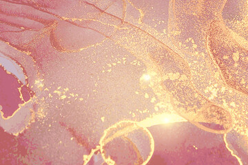 Sparkling rose, and gold stone marble texture. Alcohol ink technique abstract vector background. Modern paint with glitter. Template for banner, poster design. Fluid art painting