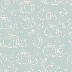 Autumn Fall Seamless pattern background with hand drawn florals,pumpkins. Repeating background for wrapping paper, fabric,textile, stationary products decoration.