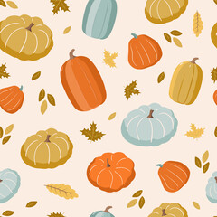 Autumn Fall Seamless pattern background with hand drawn florals,pumpkins. Repeating background for wrapping paper, fabric,textile, stationary products decoration.