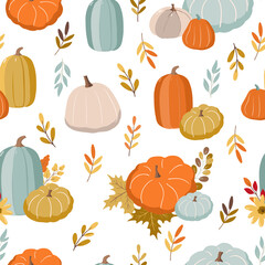Autumn Fall Seamless pattern background with hand drawn florals,pumpkins. Repeating background for wrapping paper, fabric,textile, stationary products decoration.