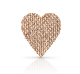 Burlap fabric heart isolated on white background with soft shadow and reflection