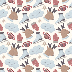 Vector seamless christmas pattern. Isolated cute doodle winter images. New year decoration for background or wrapping paper.