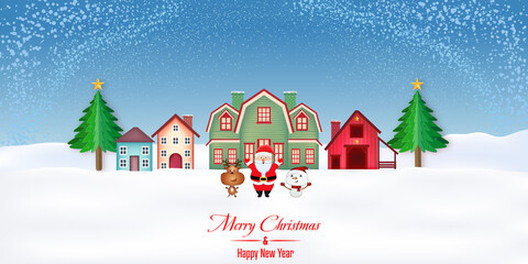 Paper art, cut and digital craft style of Santa Claus and Reindeer with snowman in the merry christmas night and  happy new year 2021 as holiday and x'mas day concept. vector illustration.