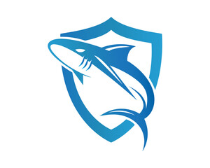 a blend of sharks and shields into a futuristic and tough logo suitable for companies in the field of security and sports