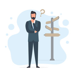 Obraz premium Cute cartoon confused businessman standing near pointer with different directions and choosing route, way, perspective. Flat isolated outline vector illustration on white background. Business template