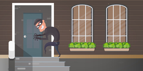 The robber is trying to crack the door. The thief is sneaking into the house. Security concept. Vector illustration.