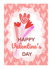 Postcard with a bouquet in the style of flat. Congratulatory card for February 14 in flat style in pink colors. Happy valentines day lettering.