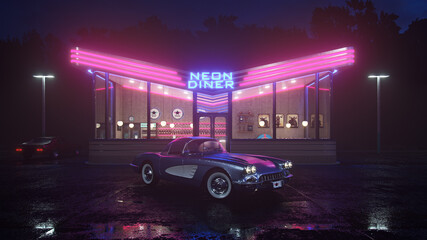Neon diner and retro car late at night. Fog, rain and colour reflections on asphalt. 3d illustration