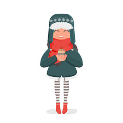 A girl in a winter knitted hat and a red scarf holds a hot drink in her hands. Girl in red boots and striped tights. Vector.