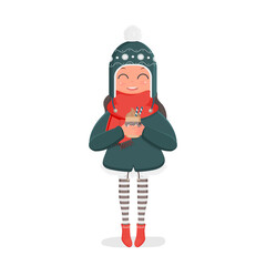 A girl in a winter knitted hat and a red scarf holds a hot drink in her hands. Girl in red boots and striped tights. Winter, christmas and new year concept. Vector illustration.
