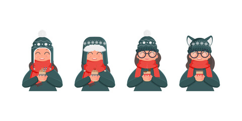 A girl in a winter knitted hat and a red scarf holds a hot drink in her hands. Girl in red boots and striped tights. Winter, christmas and new year concept. Vector illustration set.