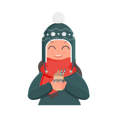 A girl in a winter knitted hat and a red scarf holds a hot drink in her hands. A cute girl in winter clothes drinks a warm drink. Vector illustration.