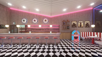 Foto op Plexiglas Retro diner interior with a tile floor, neon illumination, jukebox and art deco style bar stools. 3d illustration. © Nikolay E