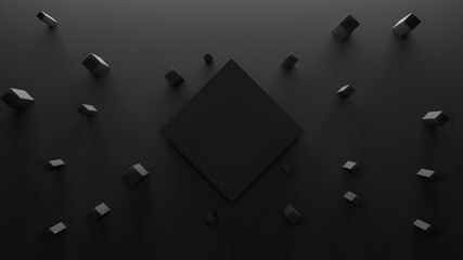 Black wall with central big block and scattered small blocks. Clean dark 3D room for your text and products with light and shadow. 3d render illustration