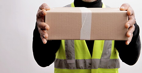 delivery man with parcel for customer stock photo