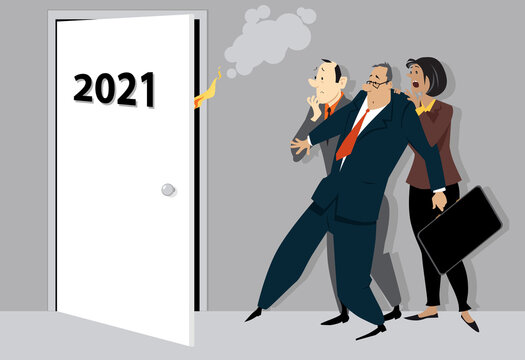 Worried and terrified business people looking at a opening door with 2021 on it, symbolizing the beginning of a new troubling year, EPS 8 vector illustration	

