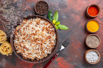 top view cooked rice with seasonings on dark background food dish dark photo meal