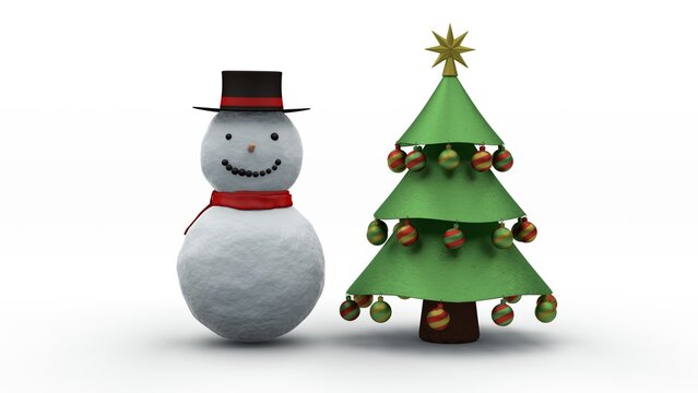 3d rendering of snowman, snow woman and Christmas tree. Festive, New Year 3d illustration for Christmas cards and compositions, isolated image on a white background.
